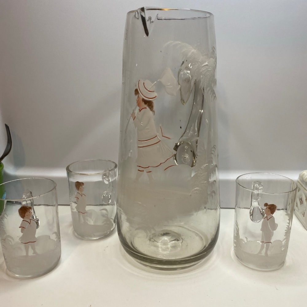 Antique Mary Gregory Set Clear Glass Pitcher and Three Glasses